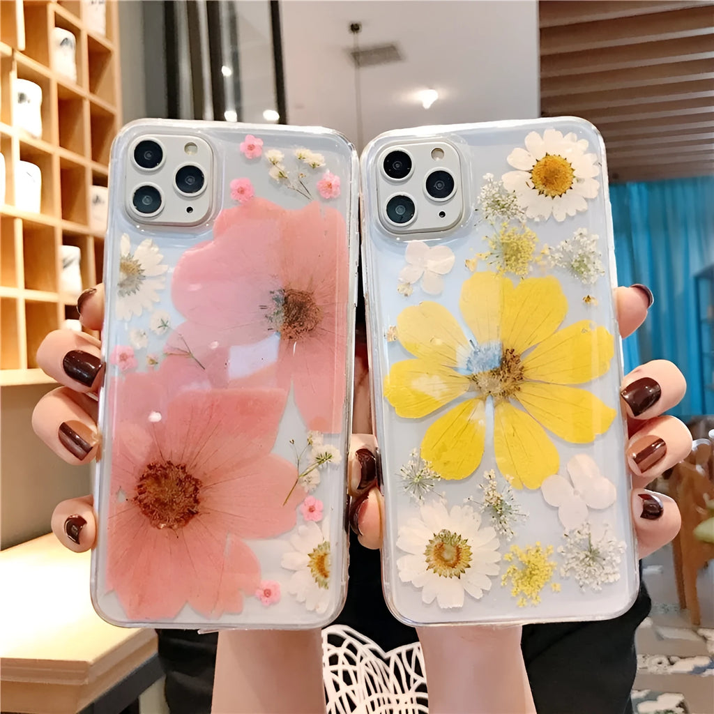 Pink and yellow floral pattern TPU back cover case for iPhone on a white background.