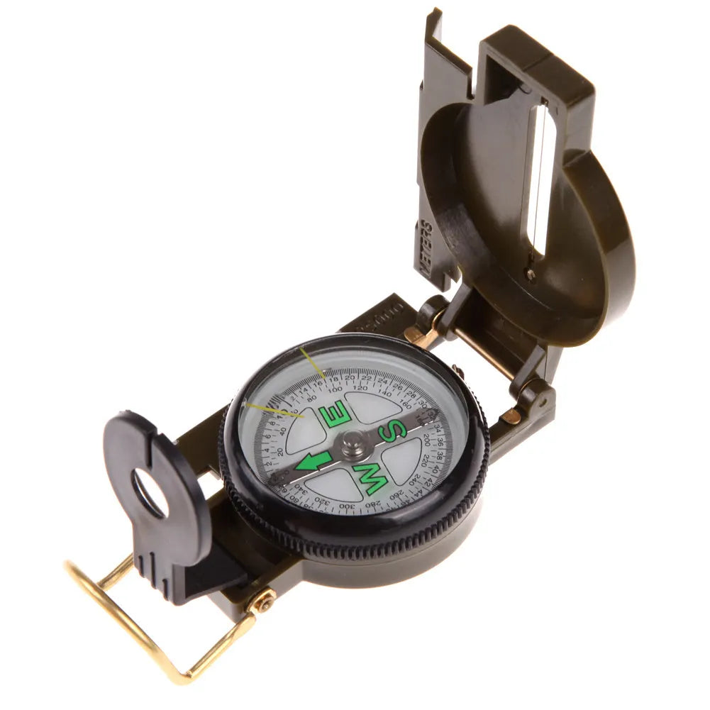 Army Green aluminium alloy compass with kerosene-damped movement open on neutral background