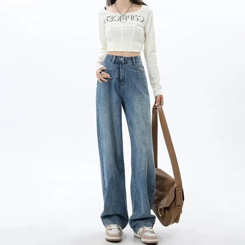 Women's high waist wide leg jeans in retro blue colour with straight leg cut