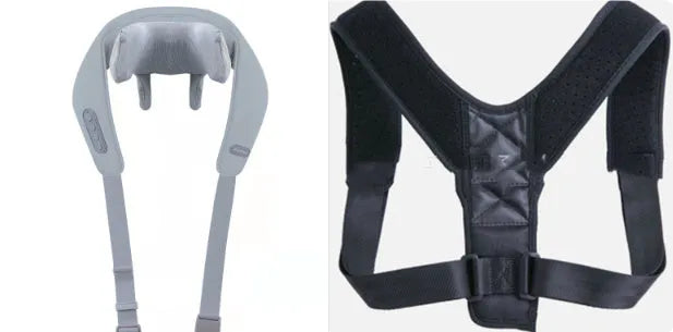 Grey elastic fabric USB neck and back massager with two speed settings and infrared function.