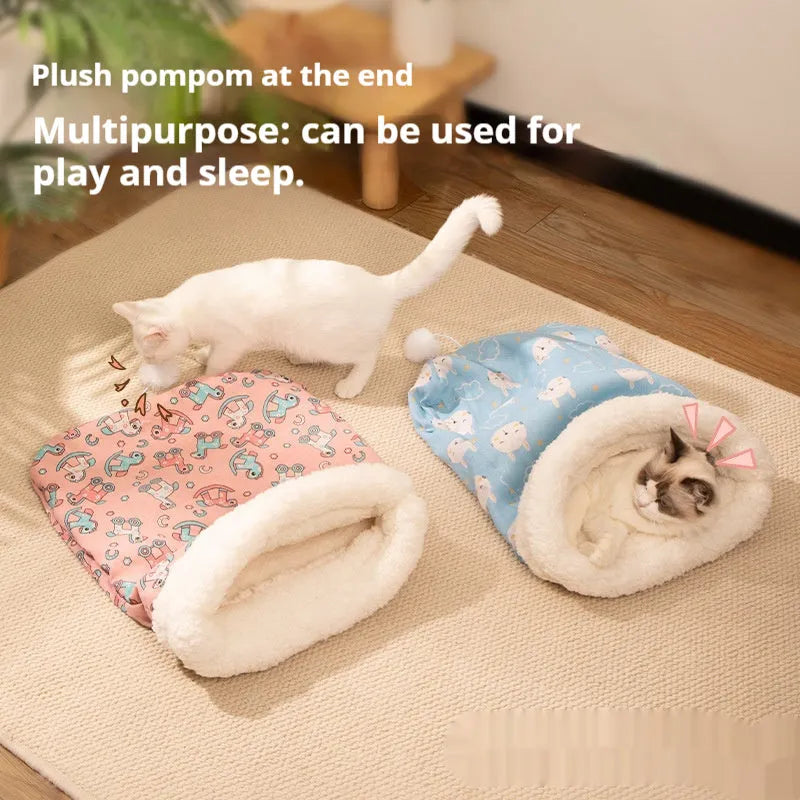 Blue rabbit motif flannel cat sleeping bag nest bed measuring 50 by 40 centimetres.