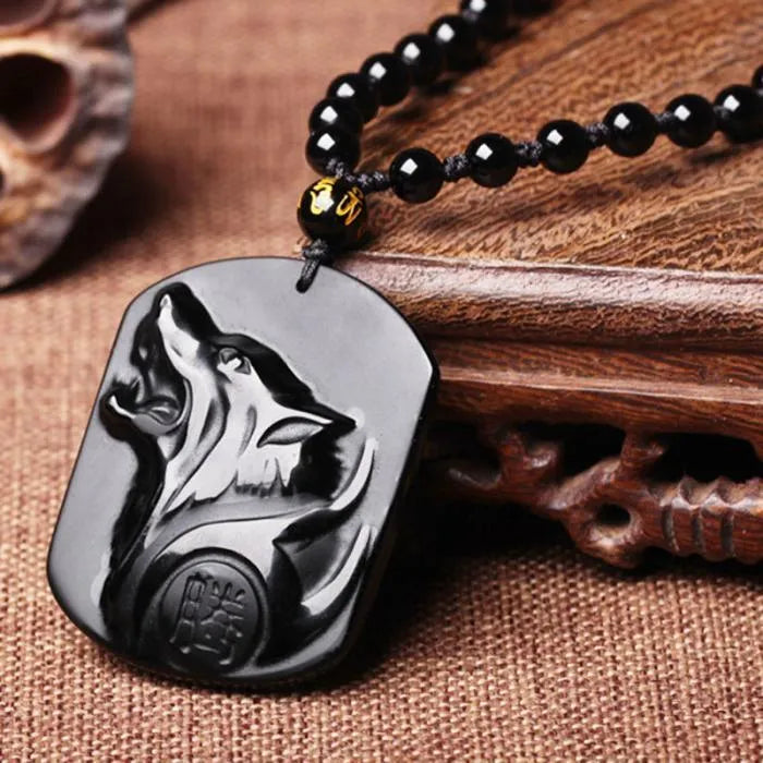 Obsidian carving wolf head amulet pendant necklace for men, natural black stone, 49x39x8mm