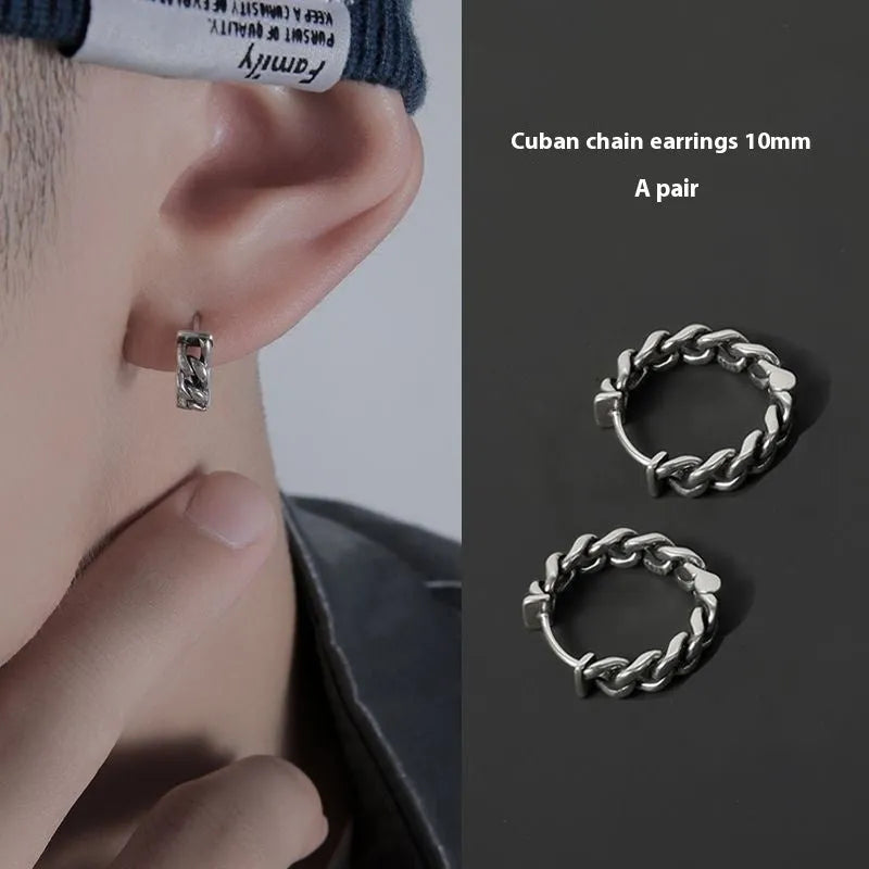 Men's geometric copper earrings in 10mm and 14mm sizes, showing silver single and auspicious cloud designs.