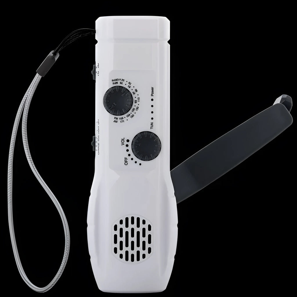 Hand-cranked emergency radio flashlight with USB charging port built-in speaker and manual tuning dial in black