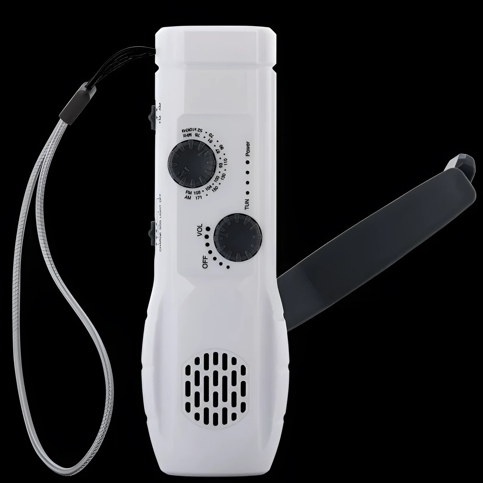 Hand-cranked emergency radio flashlight with USB charging port built-in speaker and manual tuning dial in black