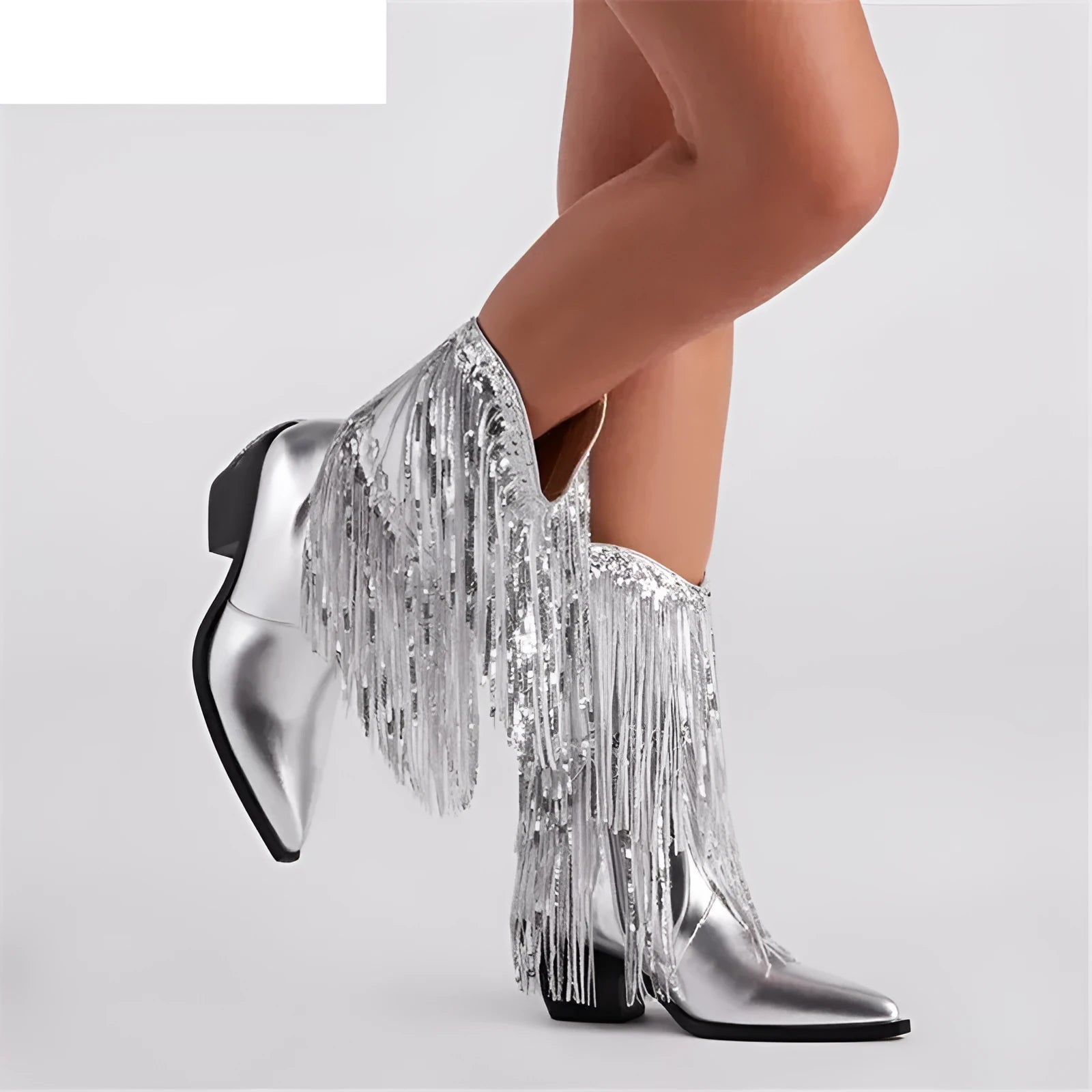 Women's black chunky heel tassel ankle boots with a pointed toe and stiletto heel on a white background.
