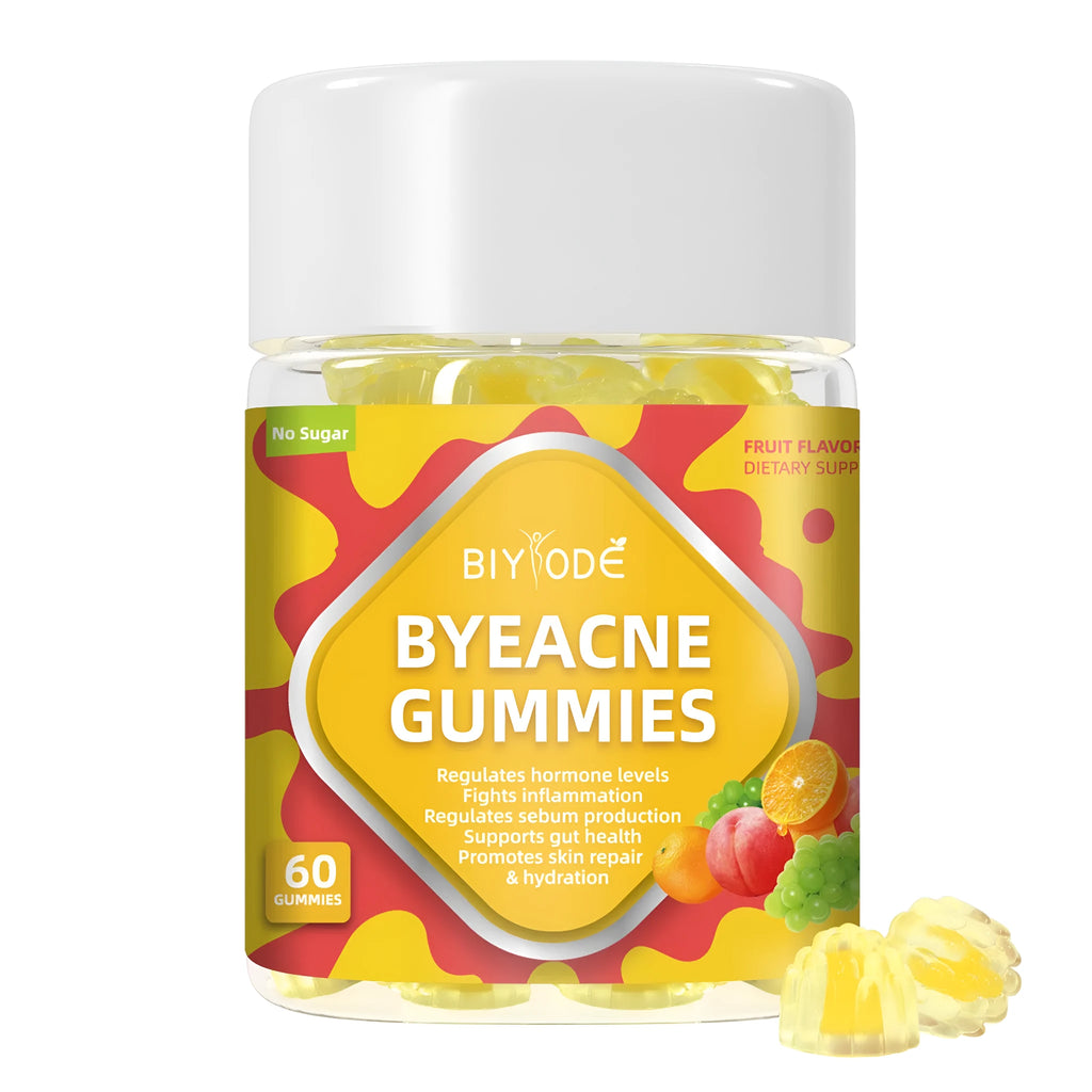 Private label ByeAcne Gummies bottle for hormone balance and acne reduction with vitamins, zinc, and magnesium