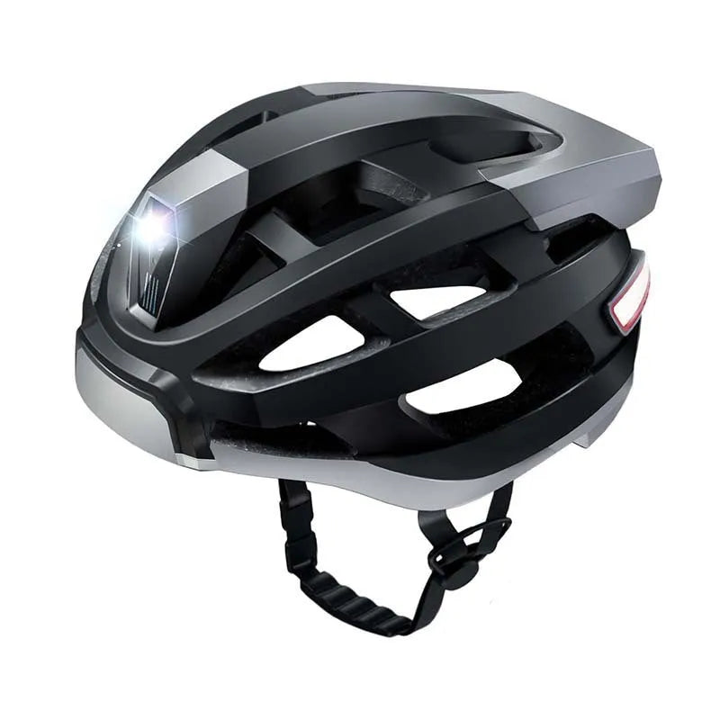 Black and grey smart cycling helmet with integrated Bluetooth warning light on the rear.
