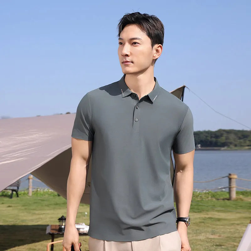 Solid colour unisex ice silk short sleeve cotton business polo shirt in bean green