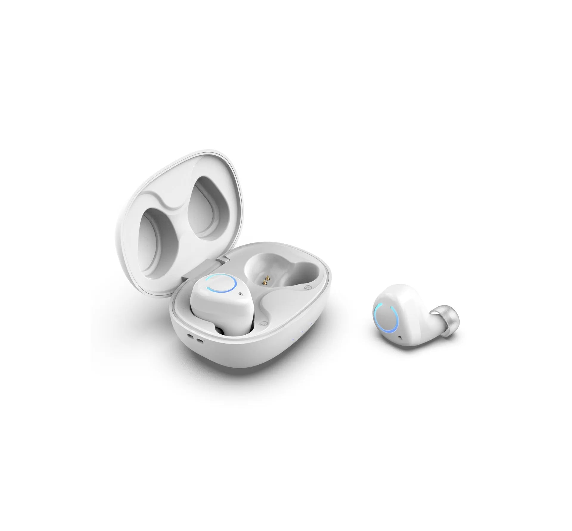 Black and white M18 true wireless in-ear stereo headphones with Bluetooth 5.0 shown with charging case