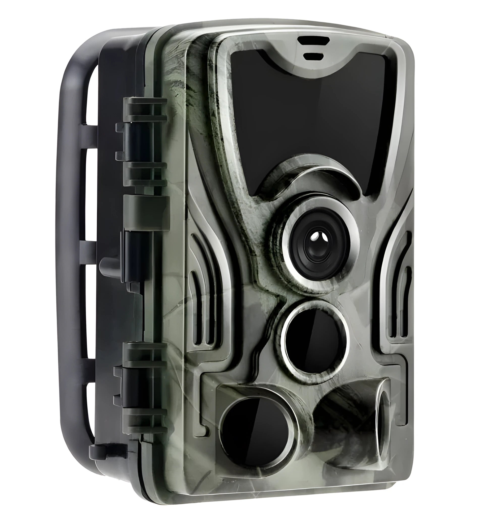 Green cellular trail camera with belt mount for hunting and wildlife monitoring