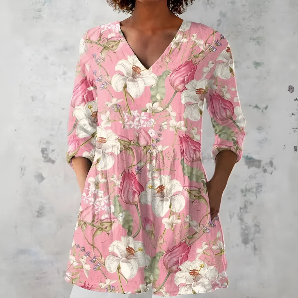 Women's retro slim fit long-sleeved polyester top with digital printing in multiple colour designs