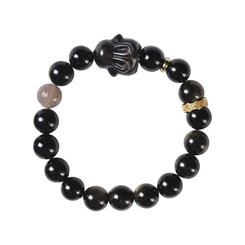 Handmade national style obsidian bracelet with lying rabbit charm in mixed metals and grey agate