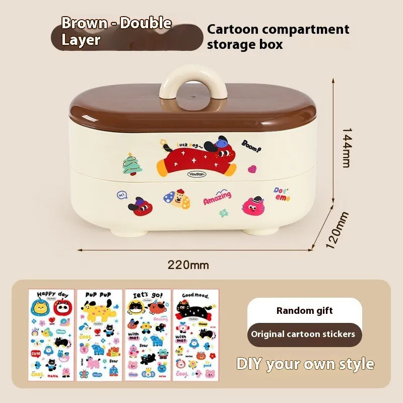 Cartoon-style red and brown plastic desktop storage box with grid compartments for organising pens and stationery.