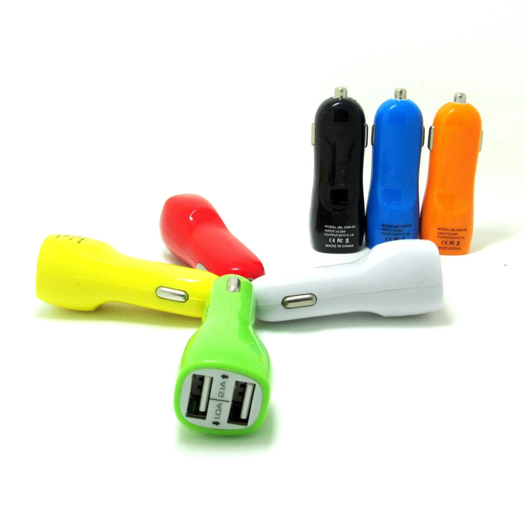 Dual USB port car charger with blue LED light indicator in cigarette lighter socket