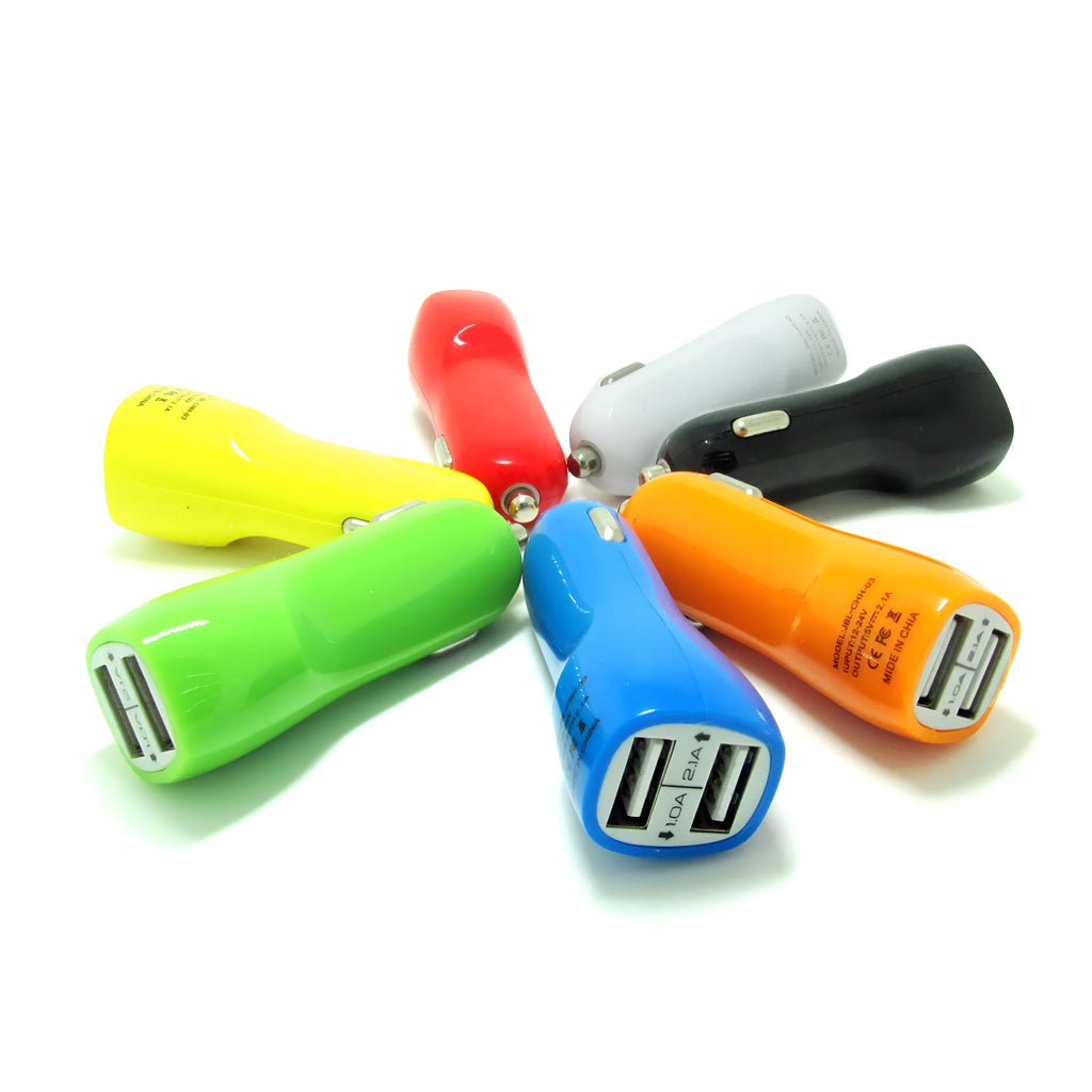Dual USB port car charger with blue LED light indicator in cigarette lighter socket