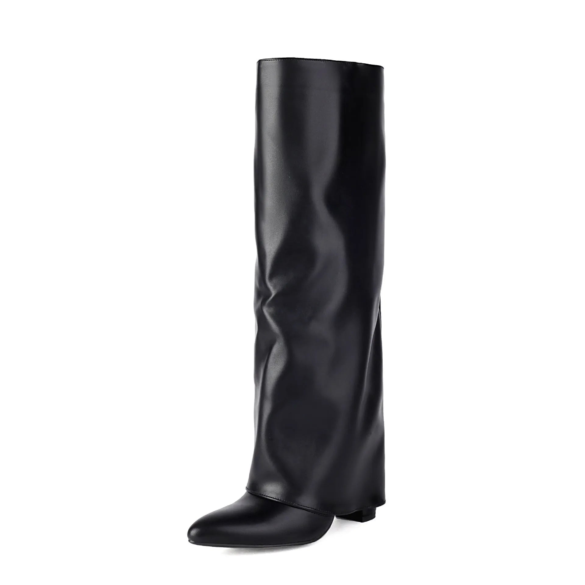 Women's plus size thick high heel boots in white, black or pink colours with high cylinder sock length