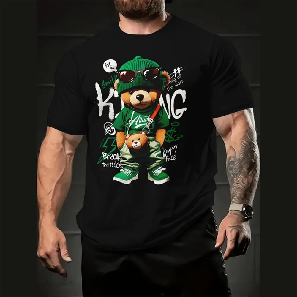 Men's loose fit cartoon 3D printed short sleeve T-shirt in milk silk linen blend fabric