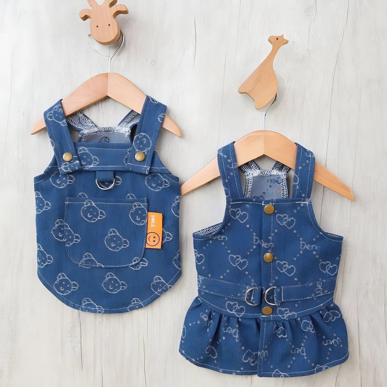 Teddy Bichon wearing thin denim princess dress with bracket-skirt design in blue denim