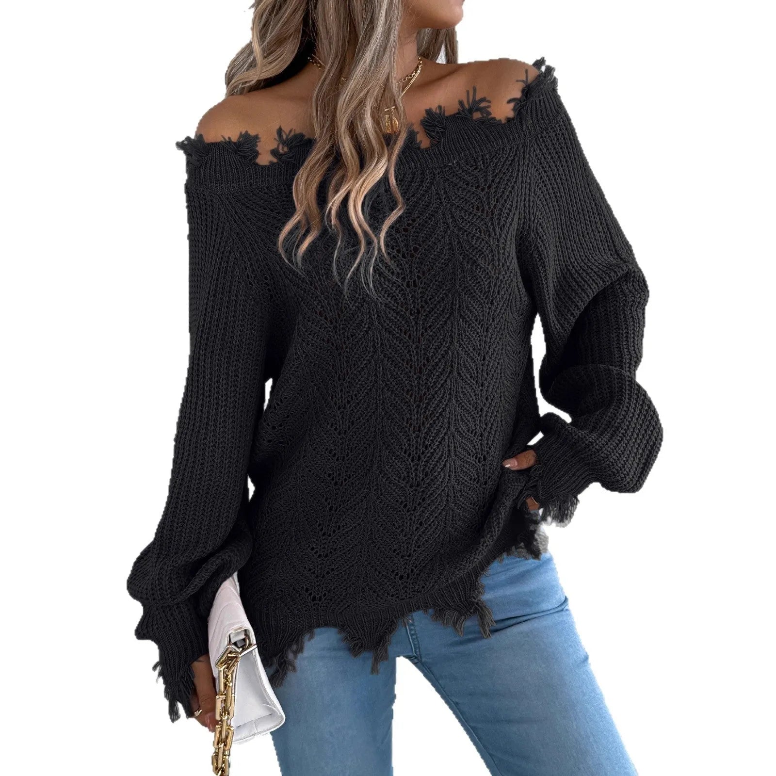 White hollow-out cut off shoulder pullover sweater with long sleeves on hanger