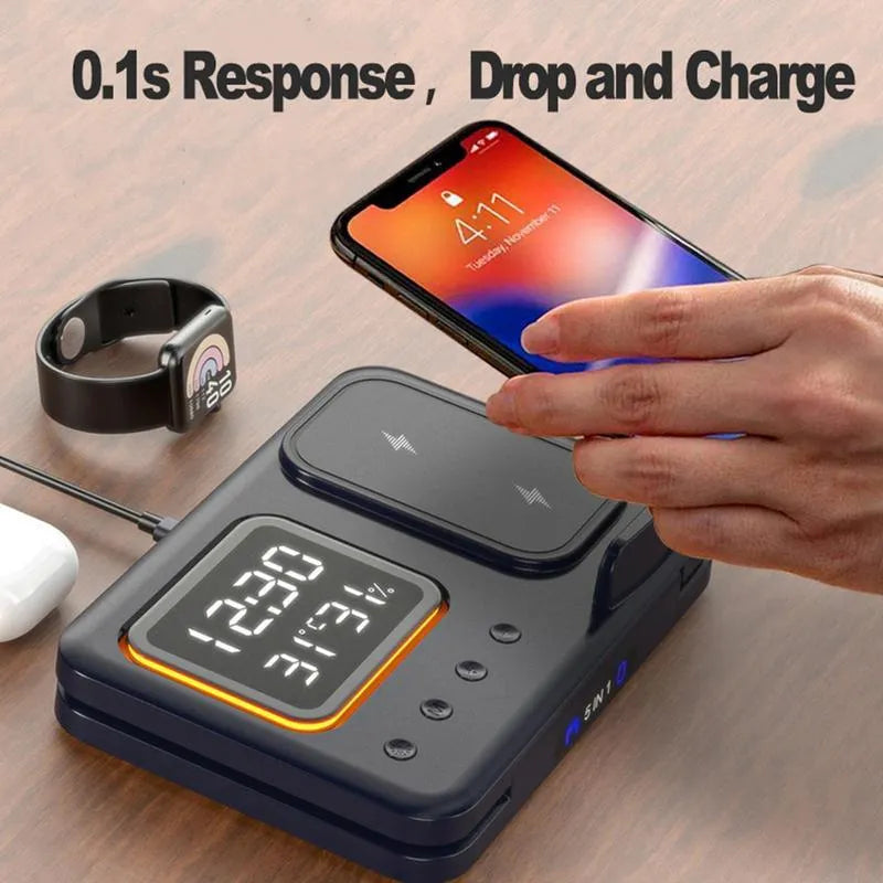Black 15W wireless charging dock station showing phone, watch and headphones charging, with LED digital clock display.