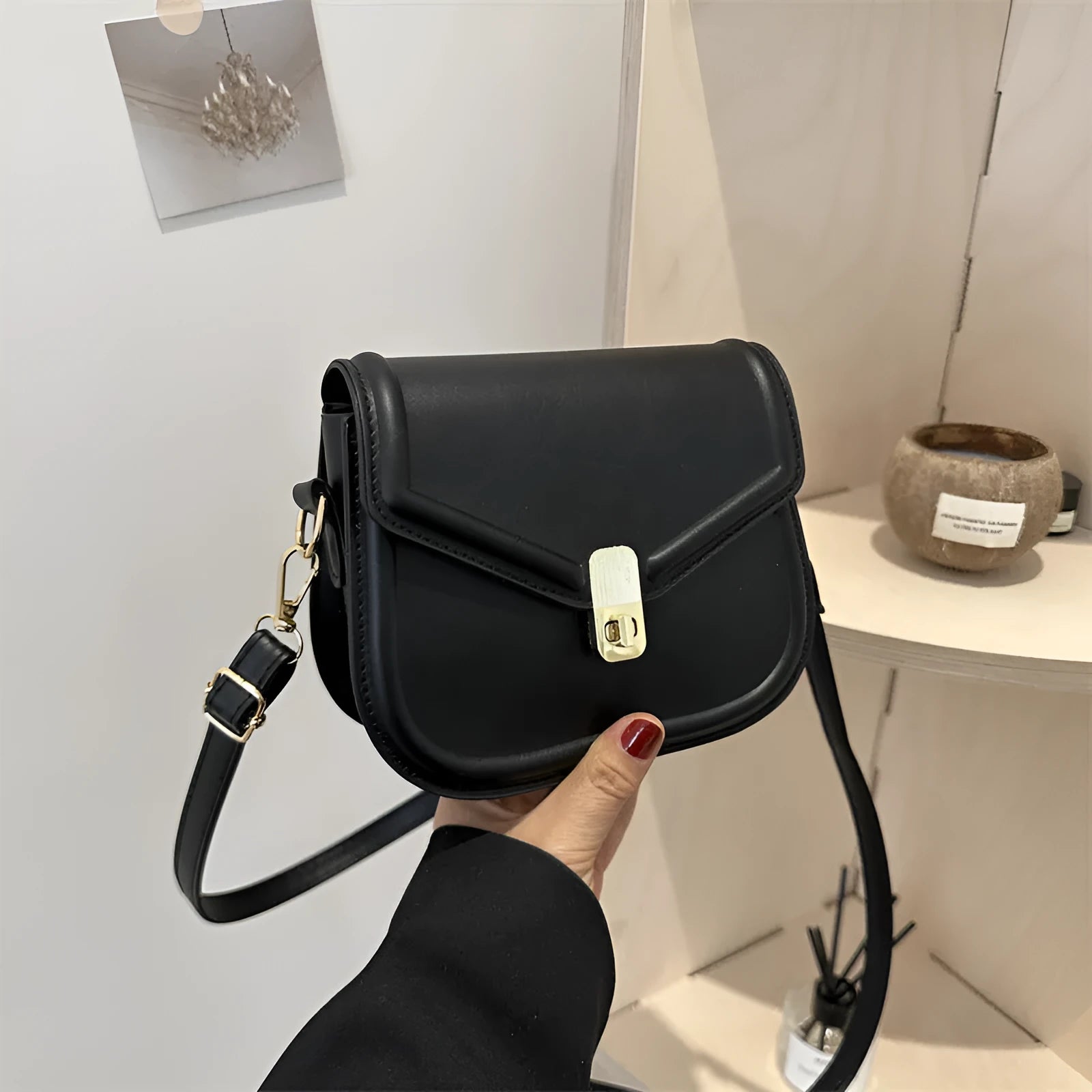 Unisex PU leather clamshell shoulder messenger bag in horizontal square design with adjustable strap