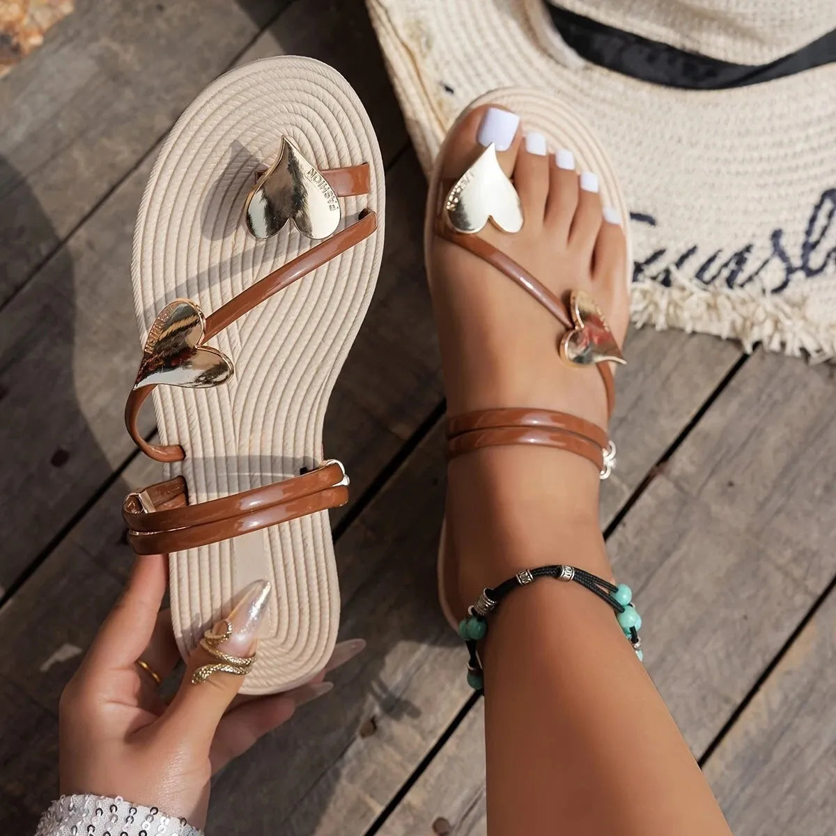 Women's summer flat sandals with decorative button and bow in quick-drying PU EVA material, side view