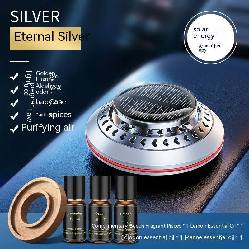 Solar-powered aluminium alloy car air freshener and purifier unit on a dashboard