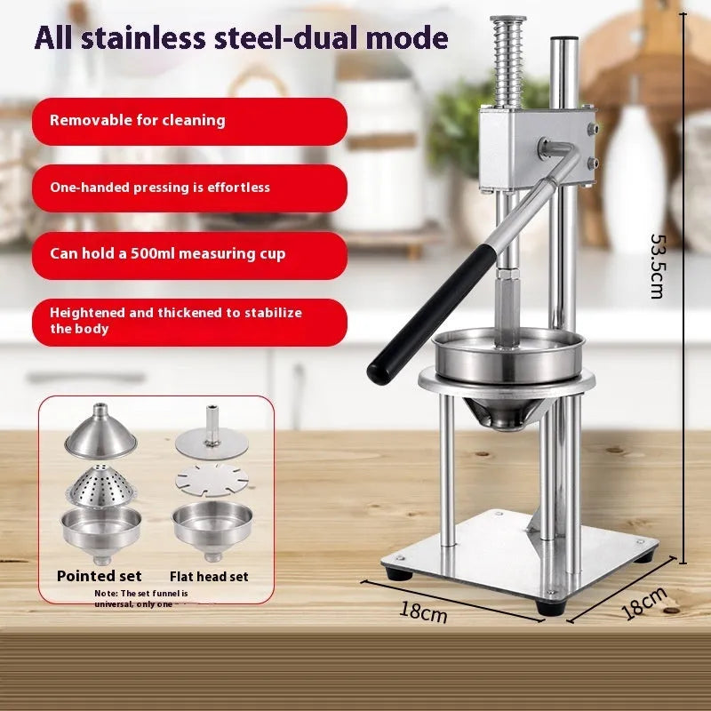 Manual stainless steel citrus juicer with 480mm long pressing arm on a countertop.