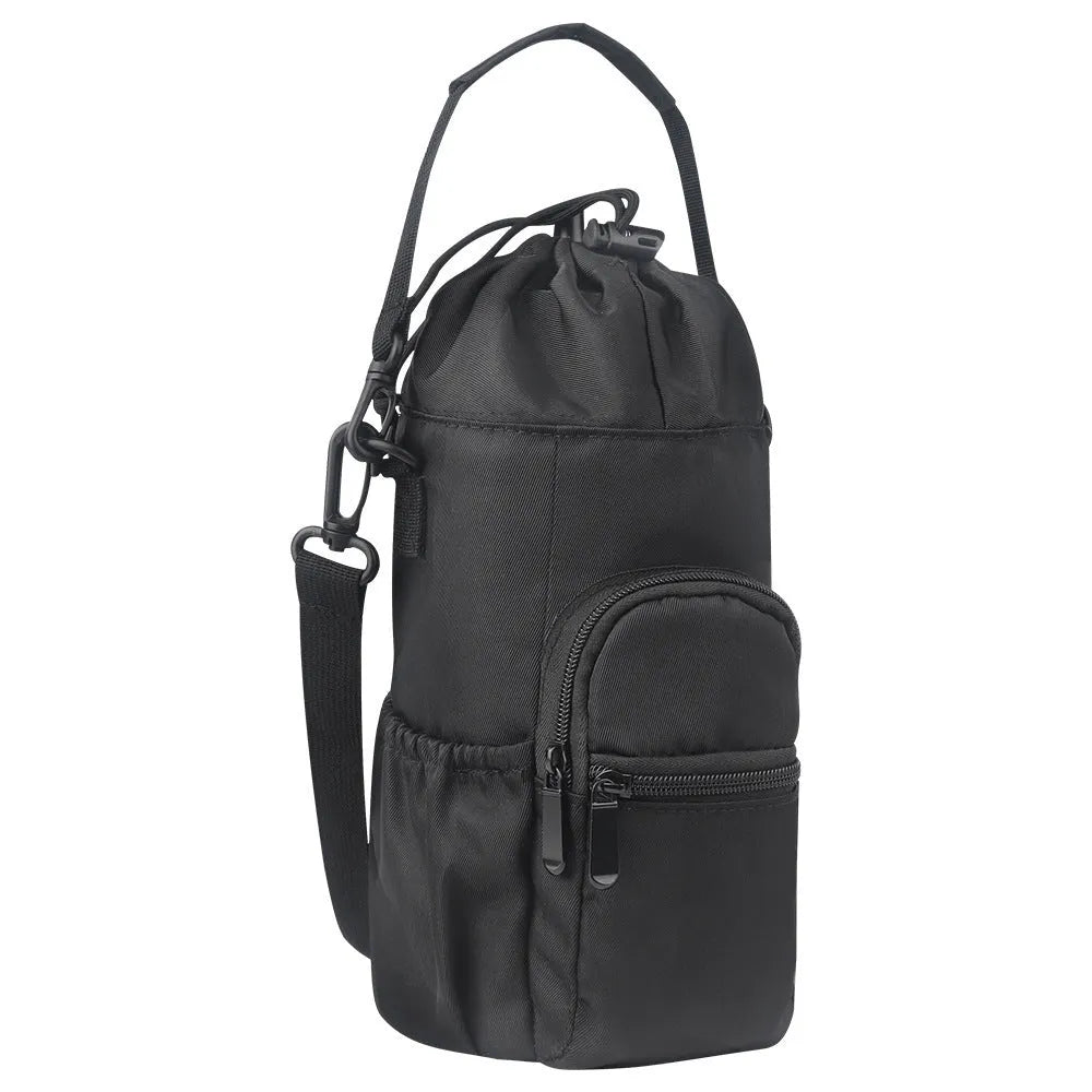Black cloth crossbody water bottle pouch shown holding a bottle.