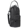 Black cloth crossbody water bottle pouch shown holding a bottle.