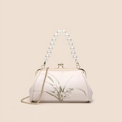 Beige embroidered PU shell shape women's shoulder bag with soft texture and casual style