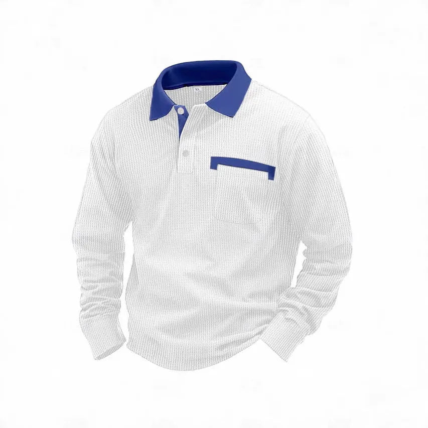 Man wearing a long-sleeved waffle knit polo shirt in a solid colour with an asymmetric design detail.