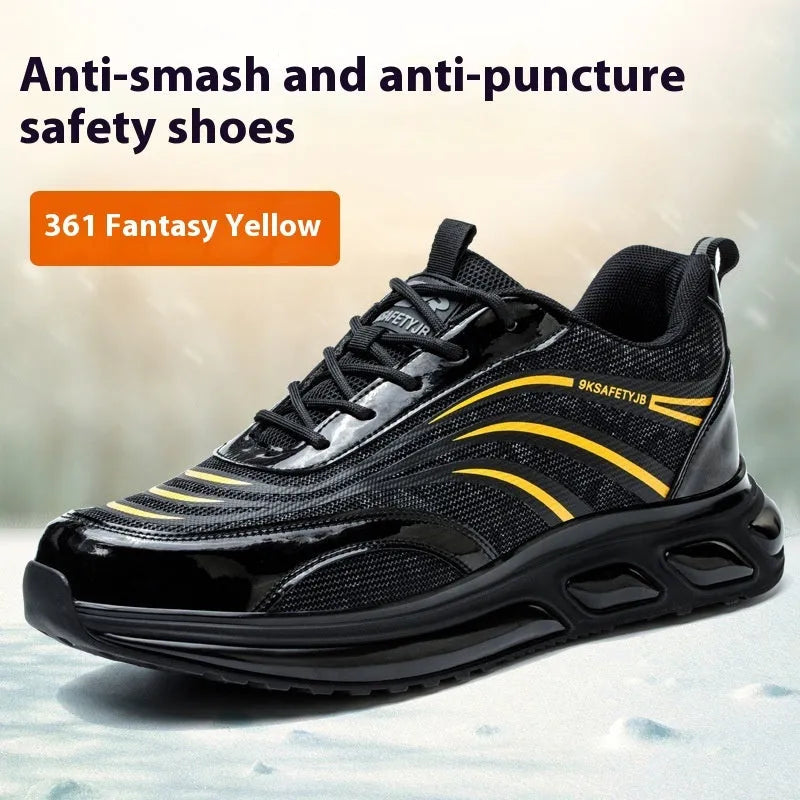 Leather anti-smash and puncture resistant safety work shoes in orange, grey, green, and yellow.