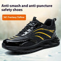 Leather anti-smash and puncture resistant safety work shoes in orange, grey, green, and yellow.