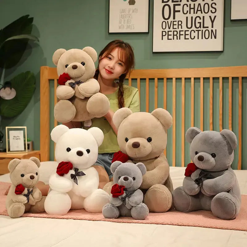 Rose bear plush pillow stuffed animal doll in beige, brown or grey with clear cartoon printing