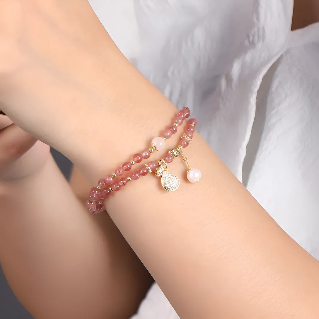 Women's geometric strawberry quartz crystal bracelet with adjustable fitting for money drawing