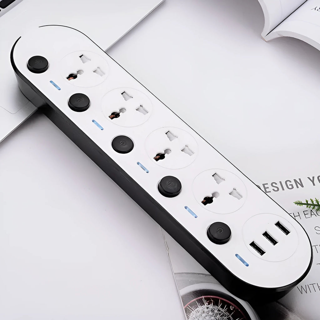 International power strip with multiple socket types and USB ports in 2035u colour