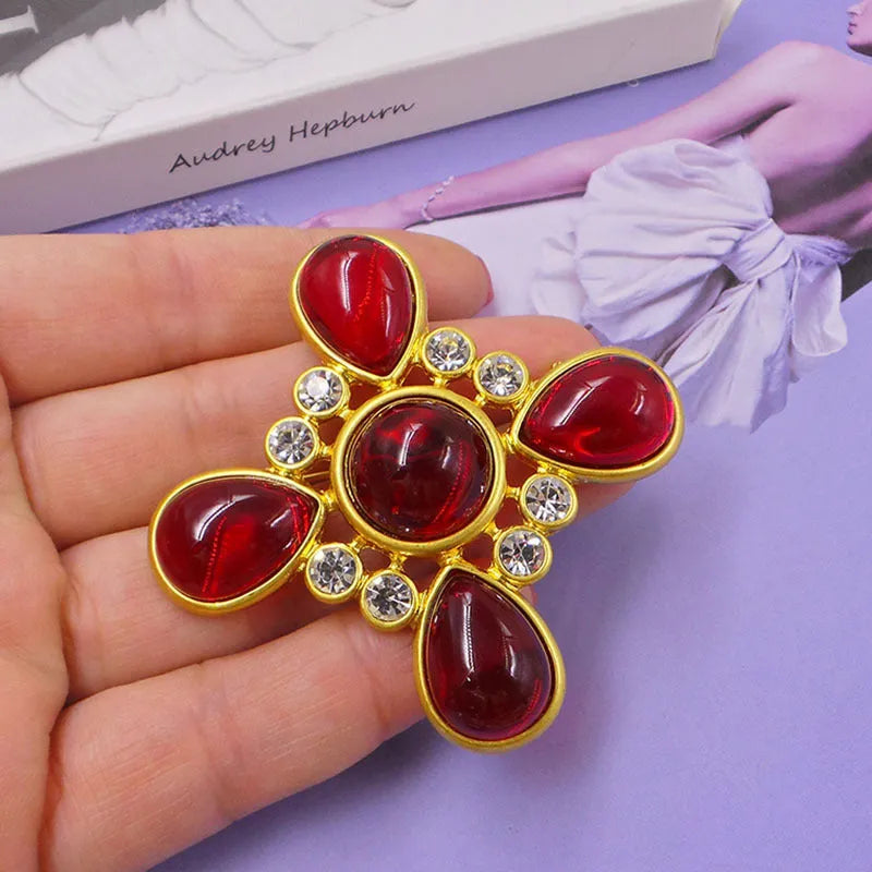 Medieval-style baroque cross brooch with crystal accents on zinc alloy in vintage design