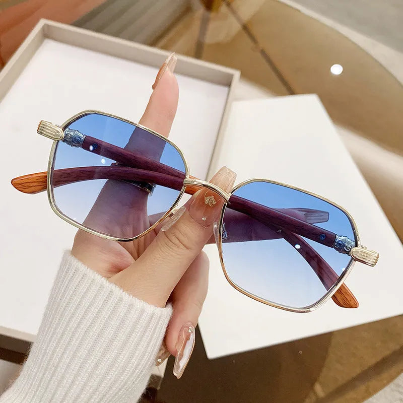 Frameless women's glasses with wood grain pattern and gold alloy frame in double blue colour variation