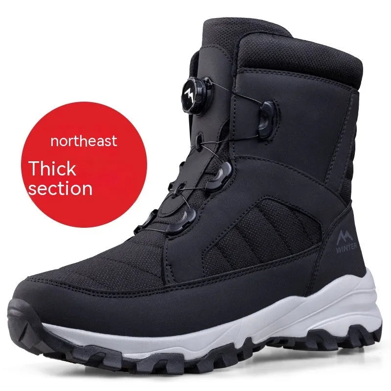 Men's button snow boots fleece-lined winter non-slip Oxford cloth upper black