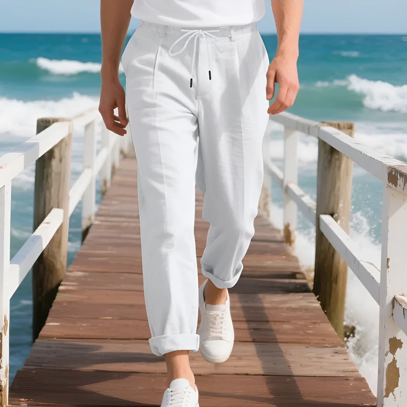 Men's linen trousers with drawstring waist in straight leg design showing army green colour option