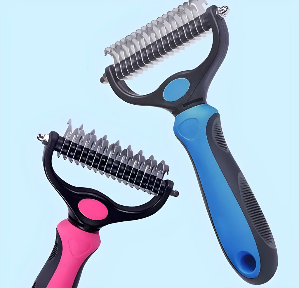 Stainless steel pet knot opening comb with double-sided blades in blue, small size 17x7cm