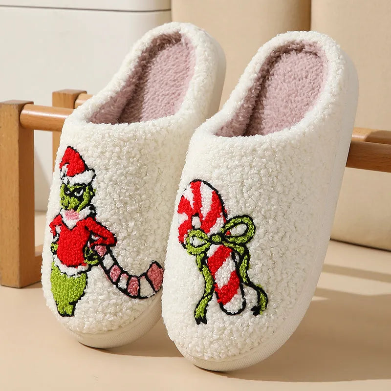 Cartoon gingerbread man winter cotton slippers in plush material with festive design, available in multiple colours and sizes