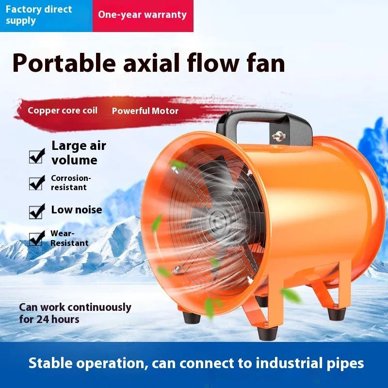 Industrial axial flow fan with 8-inch titanium steel blades and 5-metre ducting for workshop ventilation