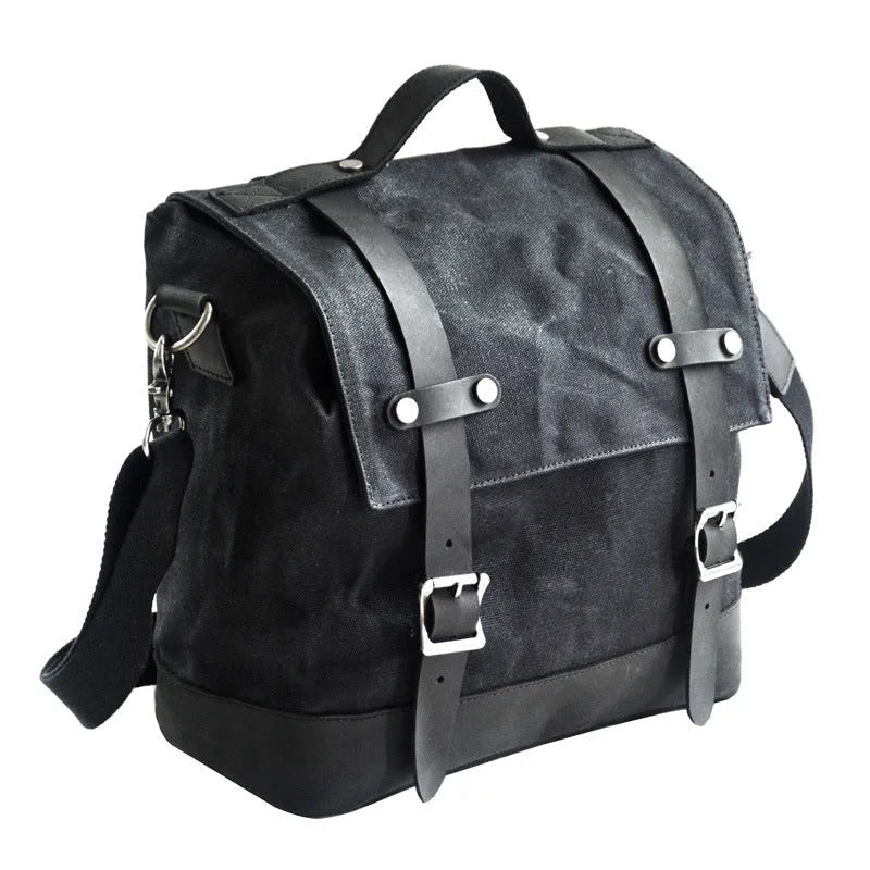 Waterproof canvas motorcycle side bag with cowhide reinforcement showing dimensions and colour options
