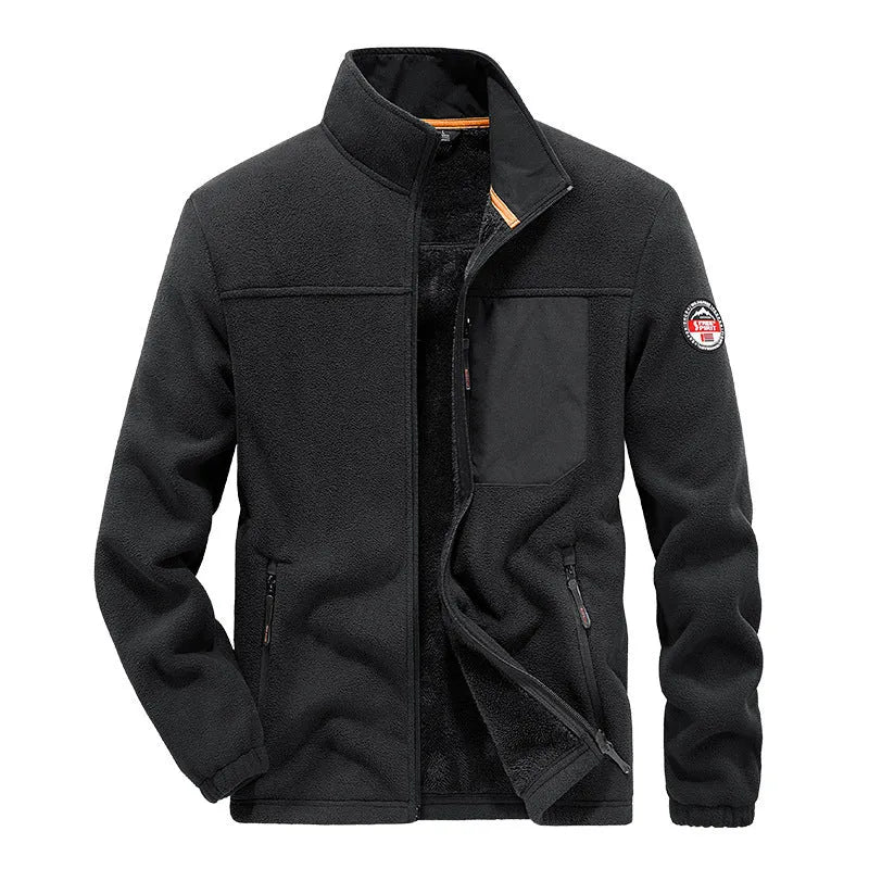 Men's grey fleece cardigan jacket with zippered pockets, shown on a model.
