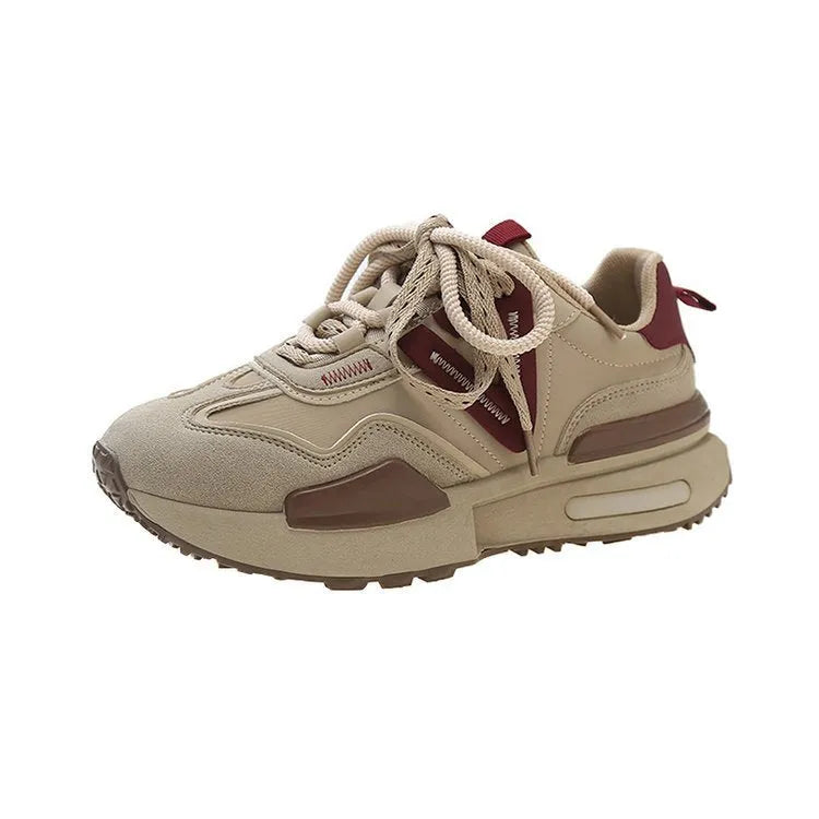 Women's black and khaki red retro platform sports shoes with round toe and lace-up front