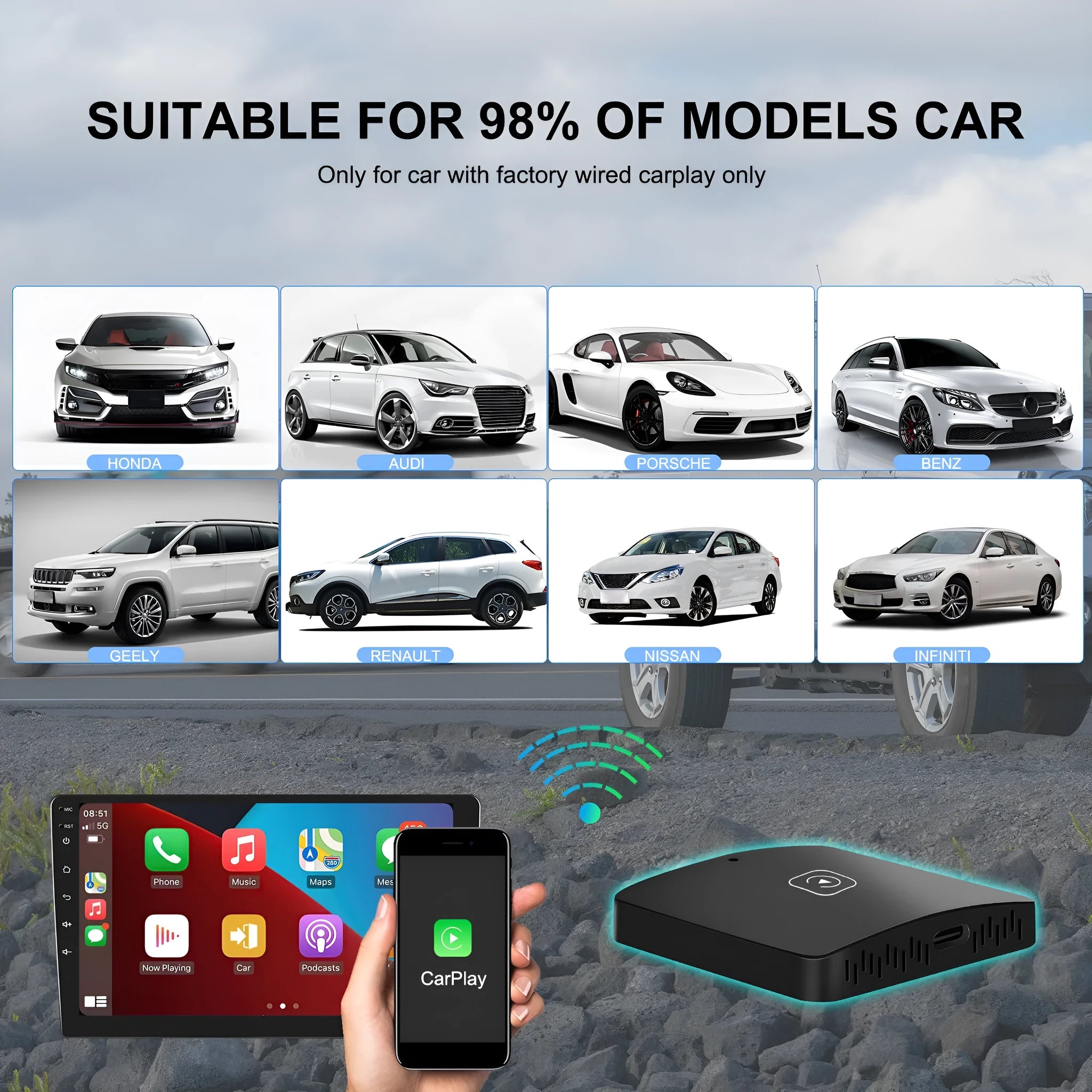 Black wireless CarPlay external module with cables for converting wired CarPlay to wireless functionality