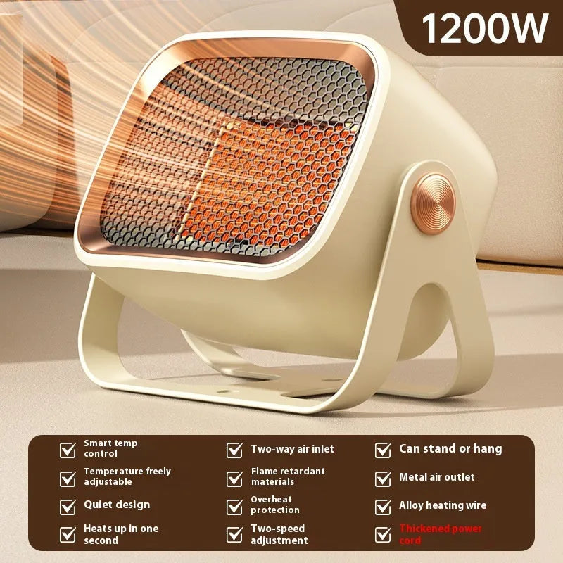 Compact white desktop ceramic heater with rotating base and control buttons on a wooden desk.